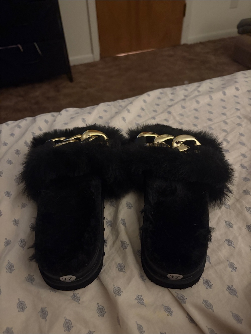 Black Faux Fur Slide Sandals with Gold Chain Accent